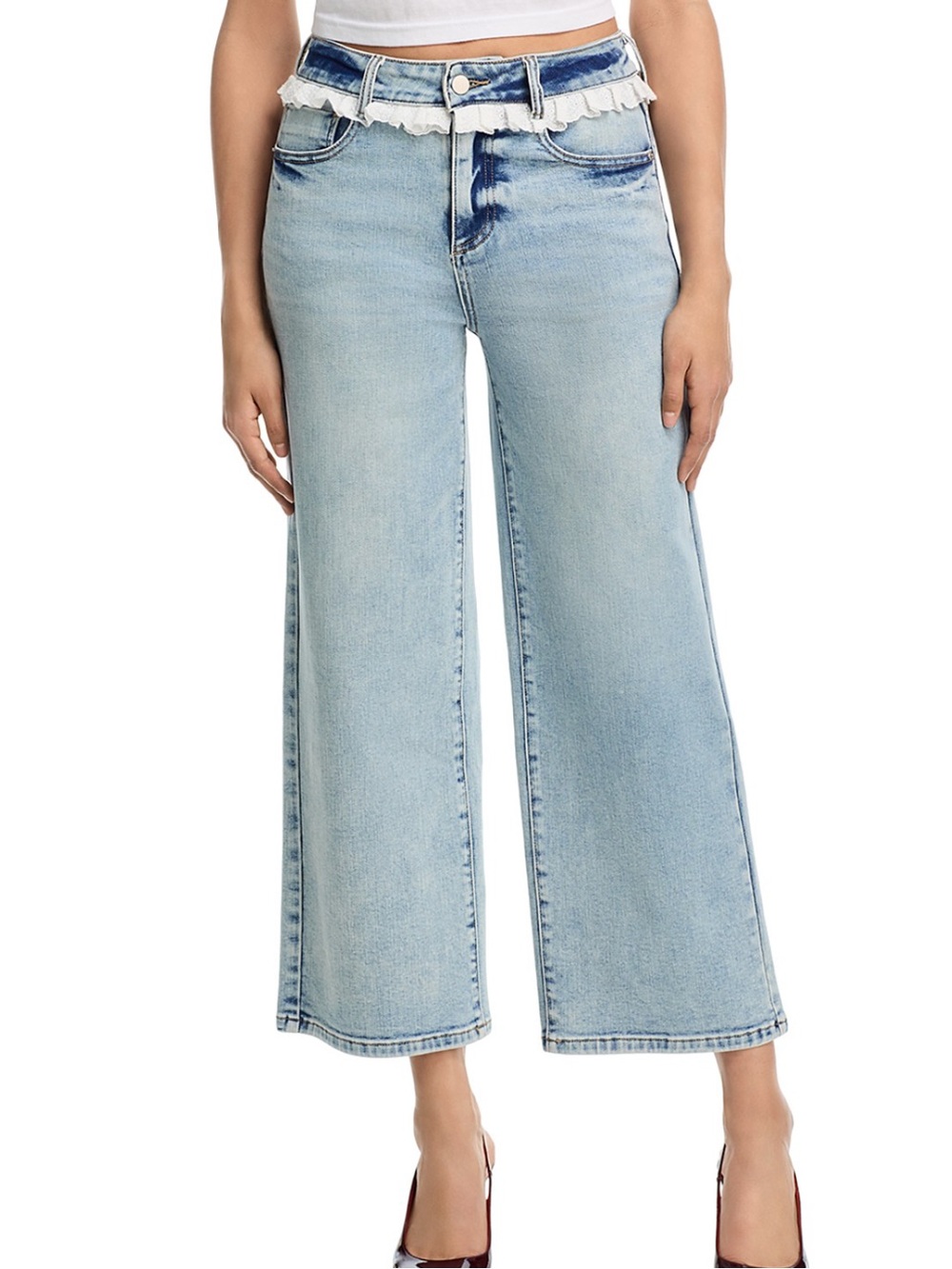 Aqua X Wuthering Heights Light Blue White Eyelet Ruffle Ankle Wide Leg Jean 24 0